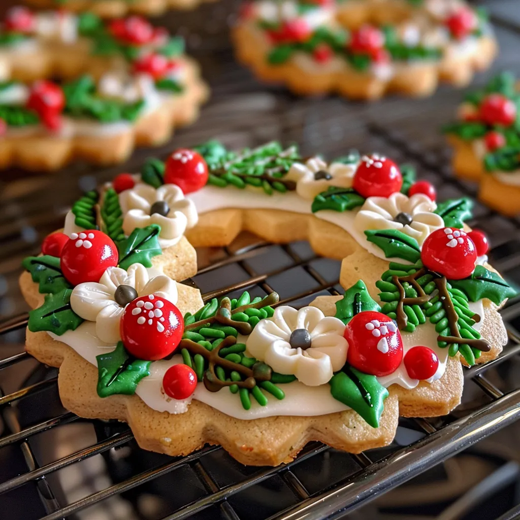 A cute easy wreath cookie with dots and lines made with royal icing, 10 second consistency.