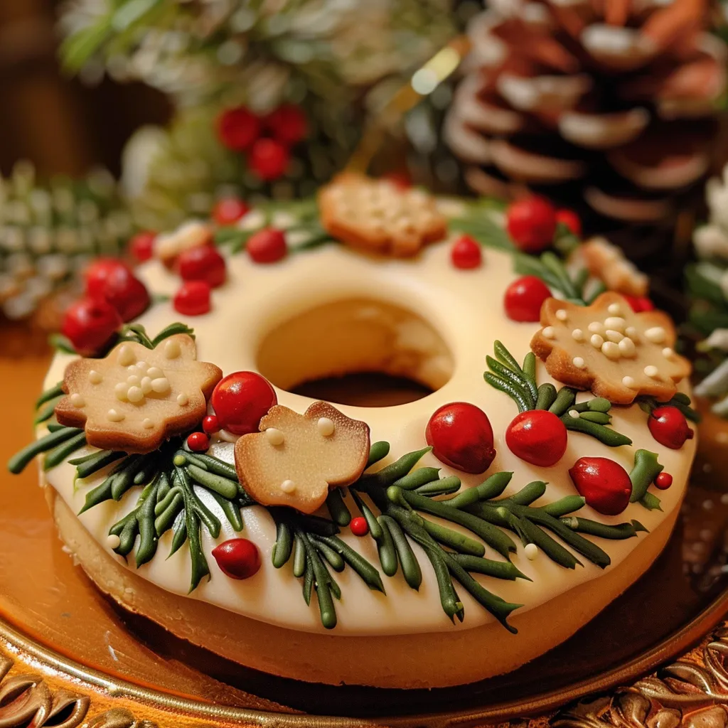 A cute easy wreath cookie with dots and lines made with royal icing, 10 second consistency.