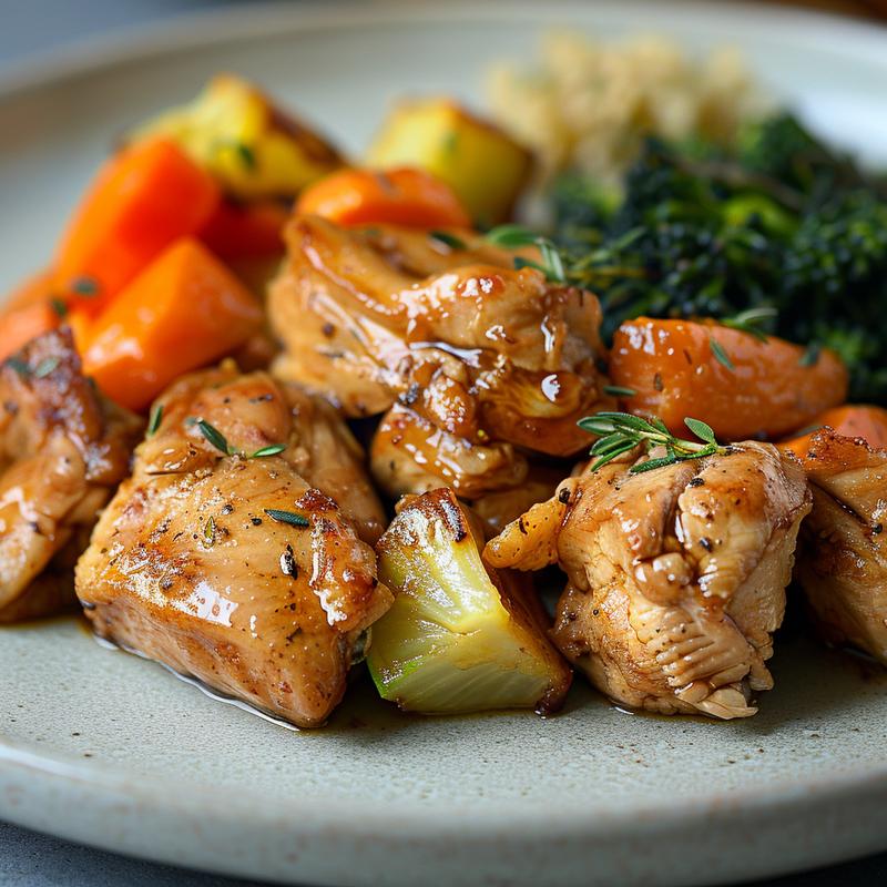 A close-up of tender honey garlic chicken pieces and vibrant vegetables on a light grey plate.