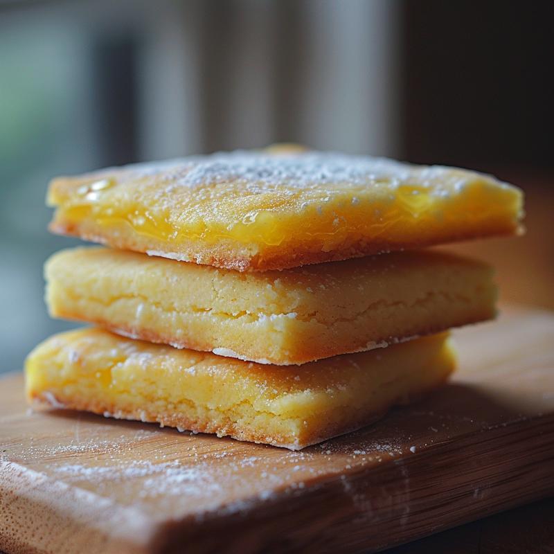 Stack of three lemon curd shortbread cookies on a wooden board.