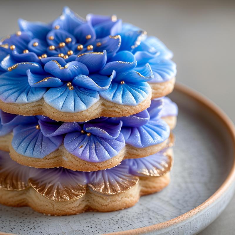 Stack of three blue and gold hydrangea sugar cookies.