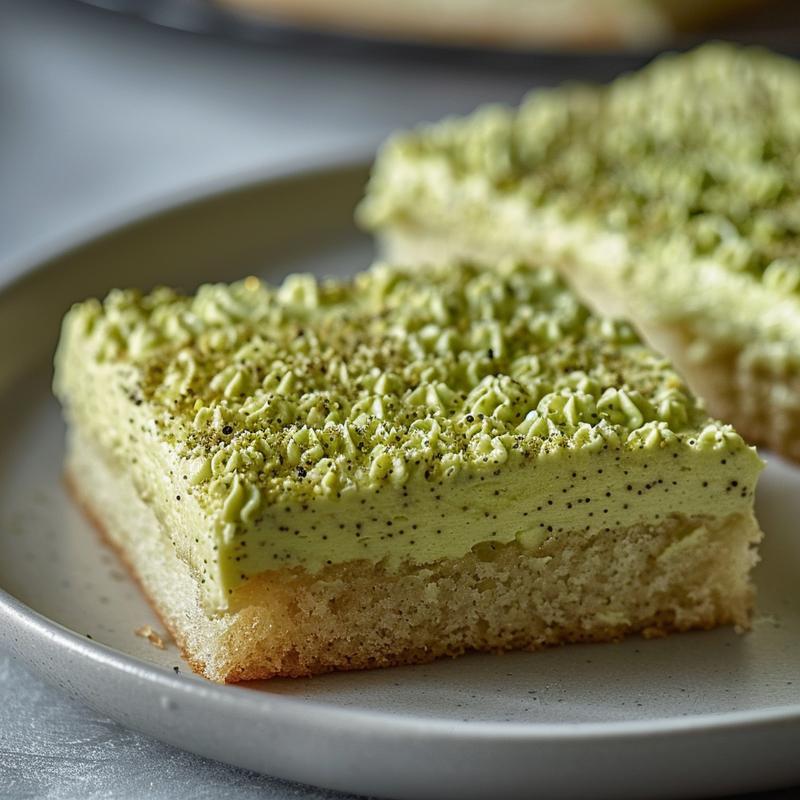 Close-up of bright green cake slice on a light gray plate.