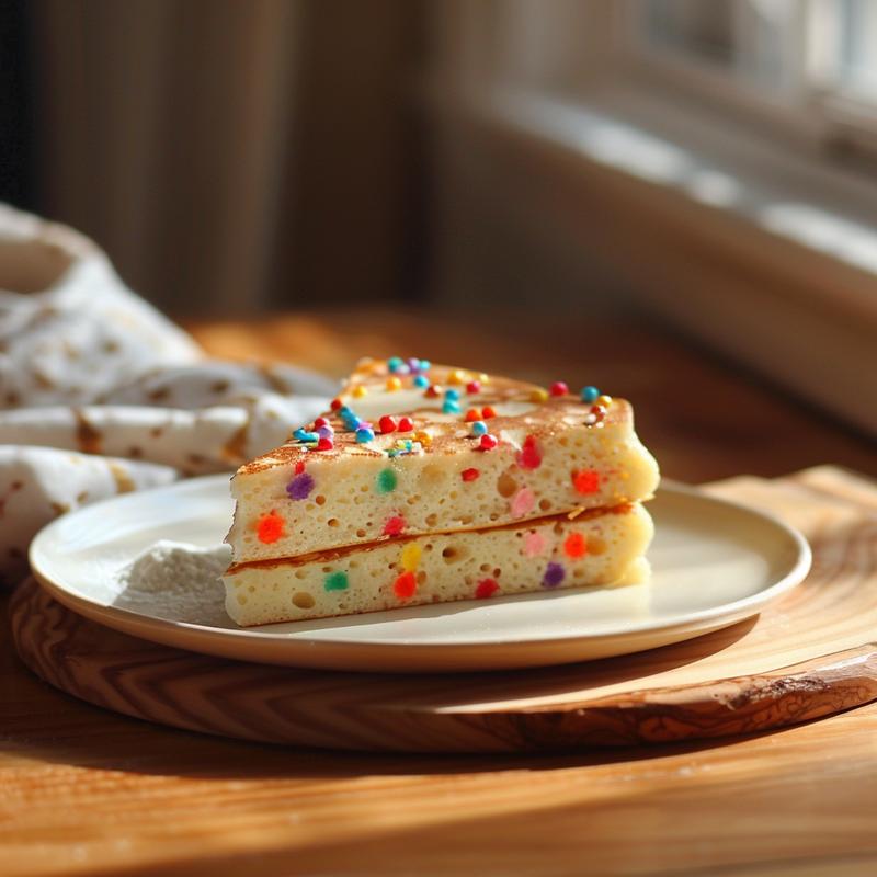 Close-up of a stacked Funfetti pancake slice on a wooden board.