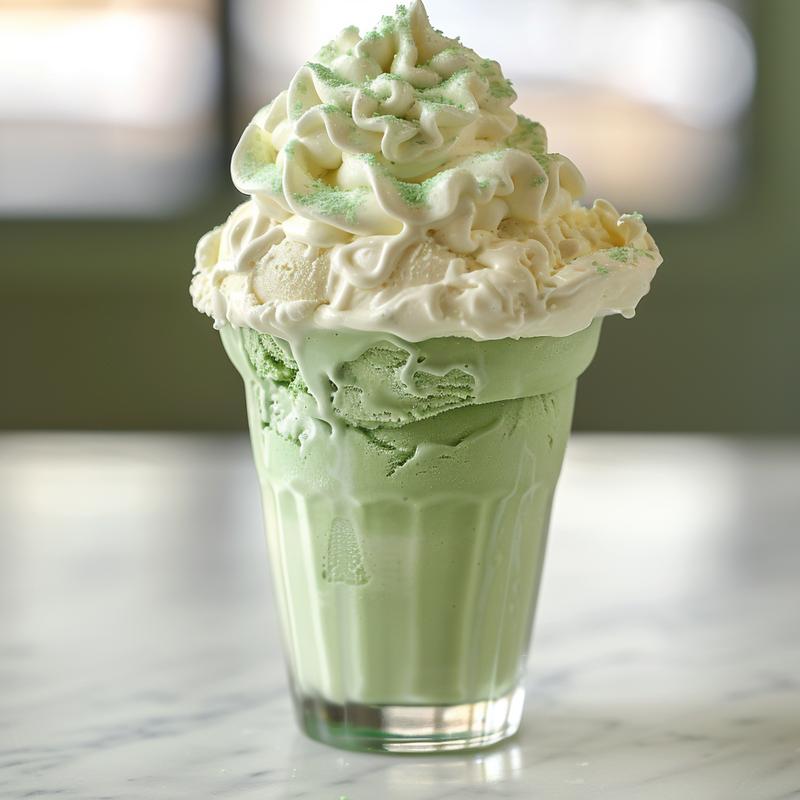 Close-up of a shamrock shake with whipped cream on a marble surface.