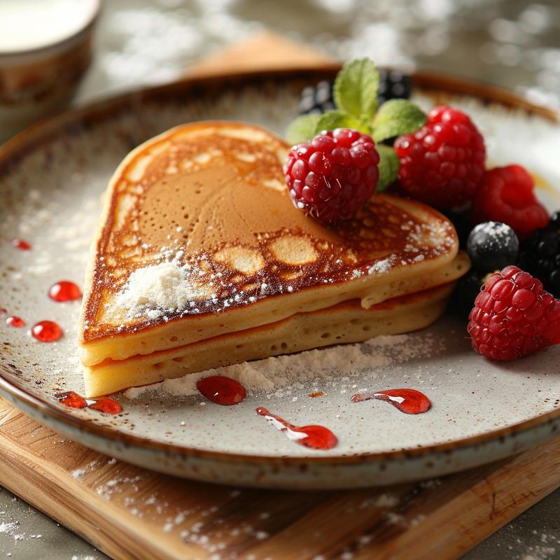 Close-up of heart-shaped pancakes with berries.