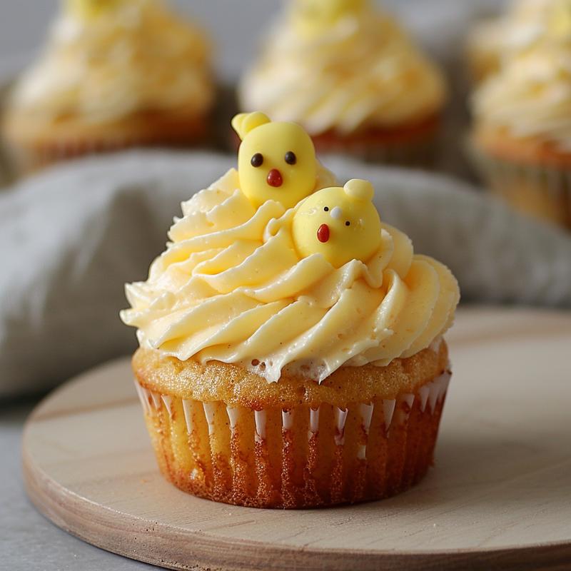 Close-up of a cupcake decorated as an Easter chick with yellow buttercream.