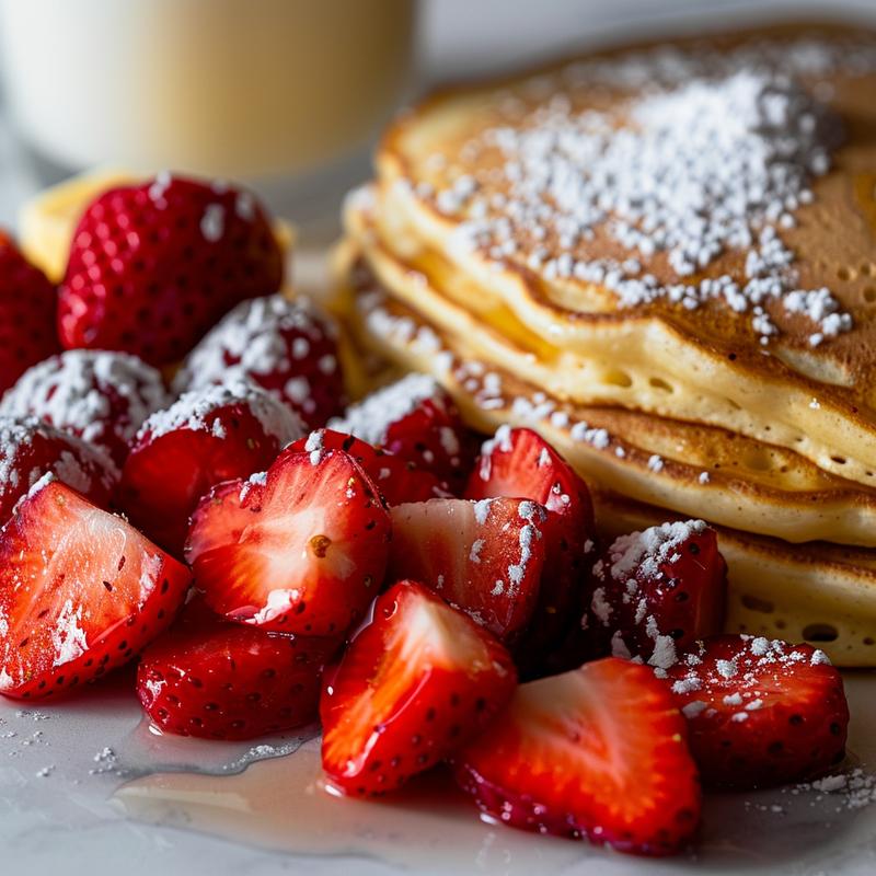 Close-up of pancake ingredients: pancake mix, strawberries, milk, and eggs on a white marble surface.