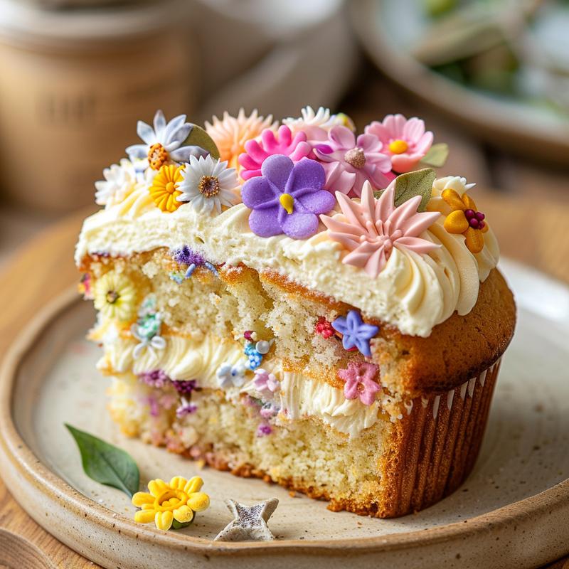 Close-up of a decorated floral cupcake on a light wood board.