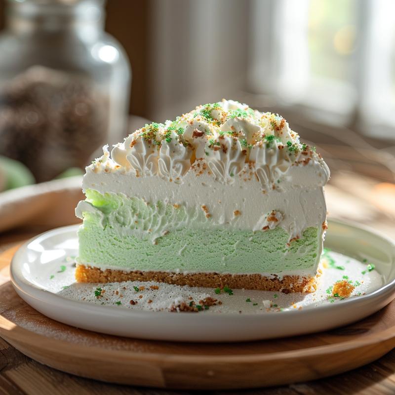 Close up of a slice of green and white layered cake on a plate.