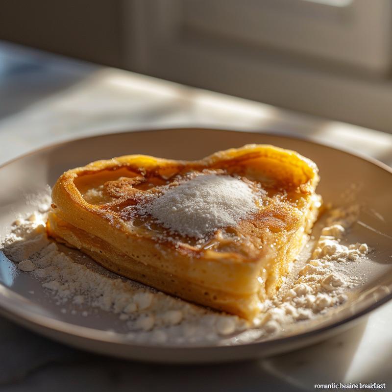 Heart-shaped pancakes on a white plate, marble background, bright lighting.