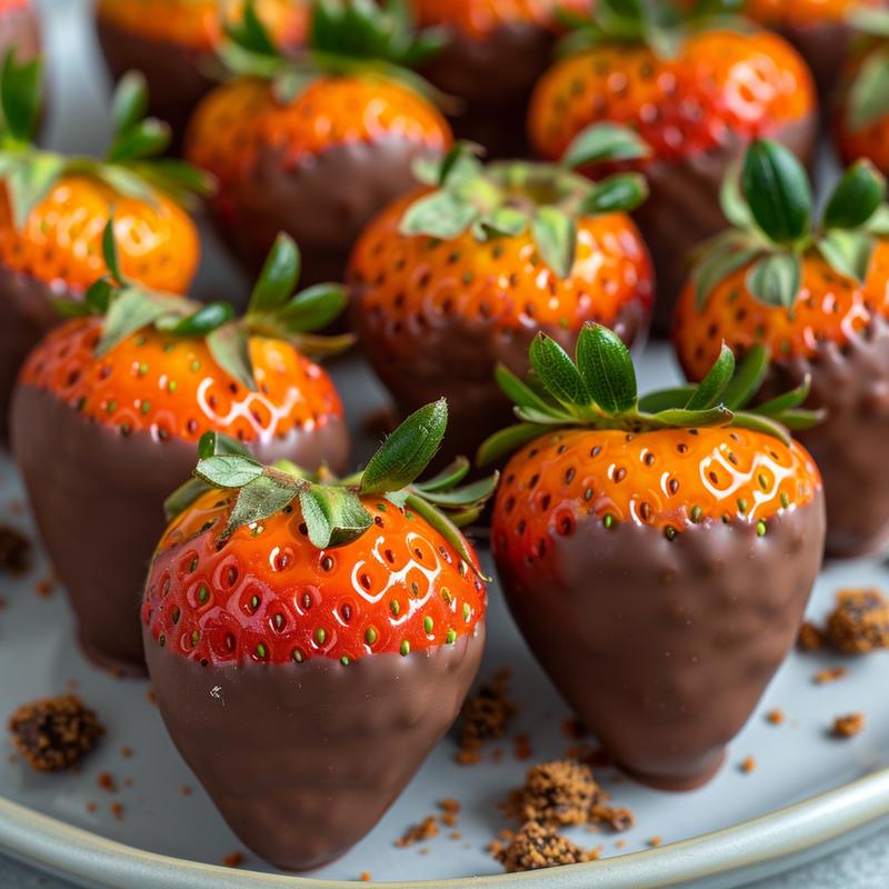 Close-up of orange chocolate-covered strawberries resembling carrots on a grey plate.