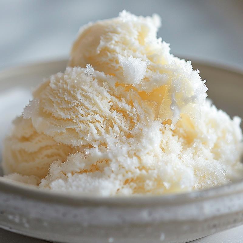 Close-up of snow ice cream on a light grey plate.