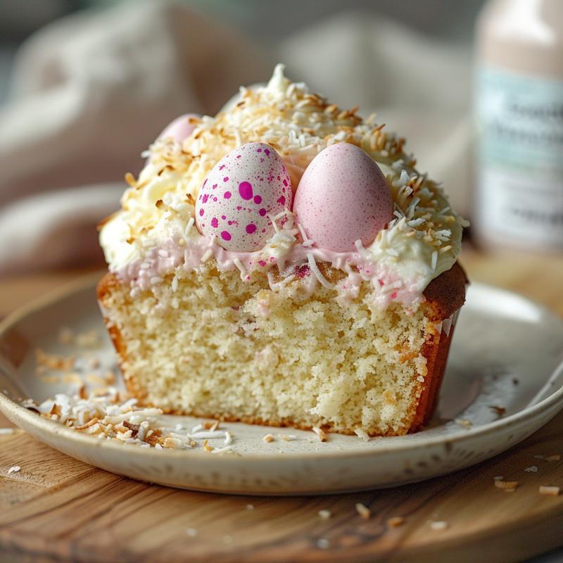 Close-up of a slice of Easter bunny egg cupcake with pink frosting and coconut flakes on a wooden board.