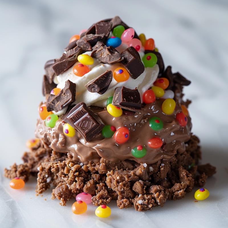 Close-up of an Easter dirt cup dessert with crushed cookies, pudding, whipped topping, and gummy worms.