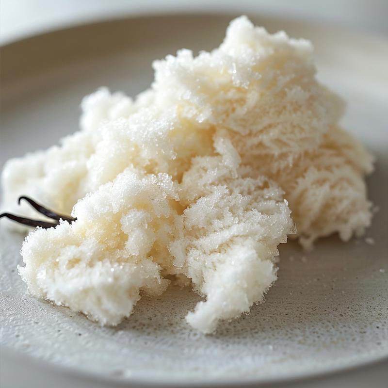 Close-up of snow cream ingredients: snow, milk, sugar, vanilla on a grey plate.