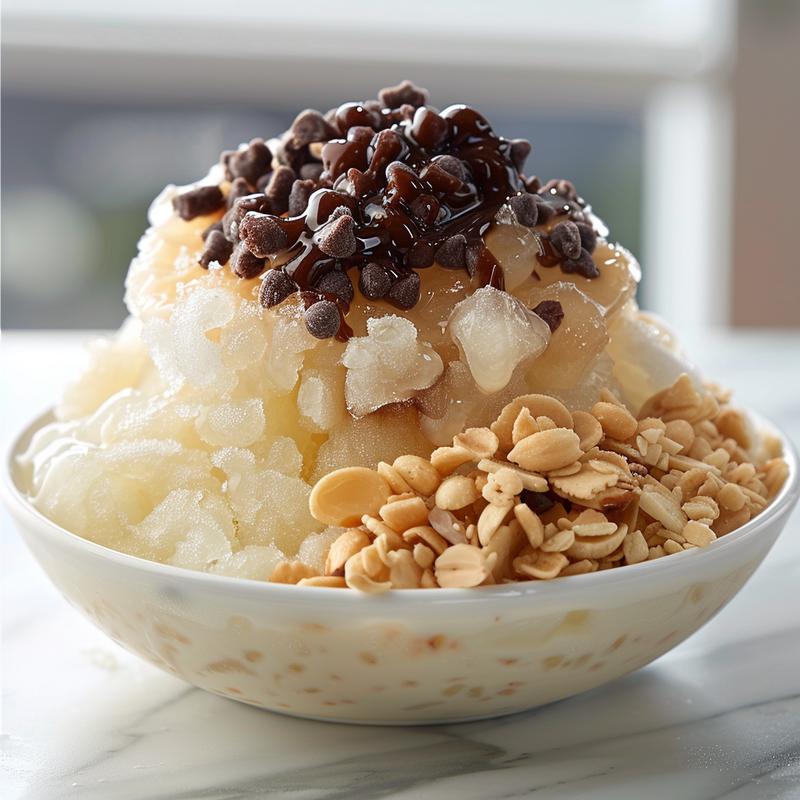 Close-up of a Bingsu machine with shaved ice, milk, and toppings.