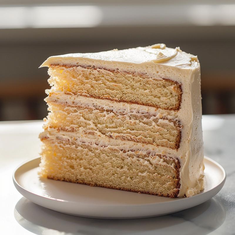 Close-up of a slice of white buttercream cake with butterfly decorations.