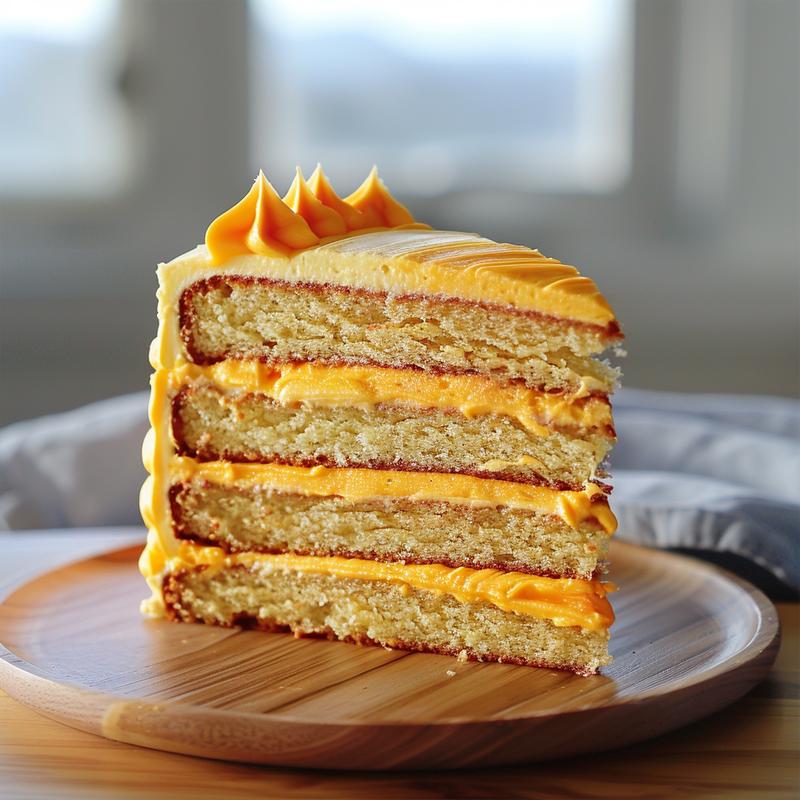 Slice of yellow, orange, and white frosted cake on a wooden board.