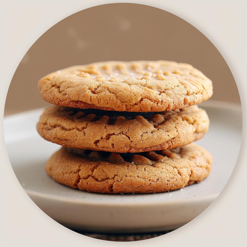 Stack of three golden-brown cookies on a light grey plate.