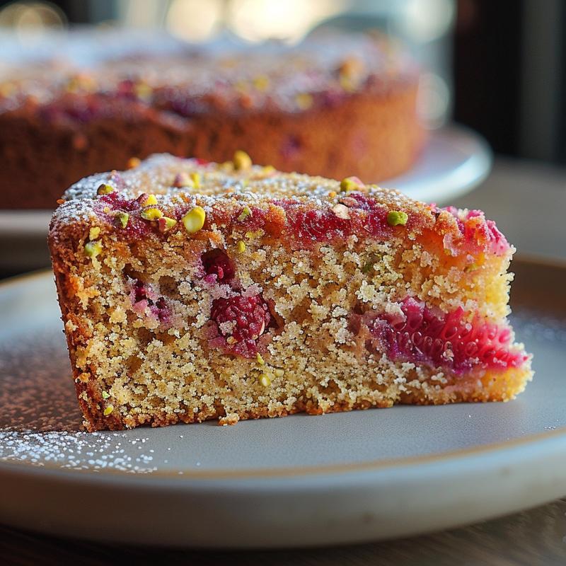 Close-up of a slice of pistachio raspberry cake on a grey plate.