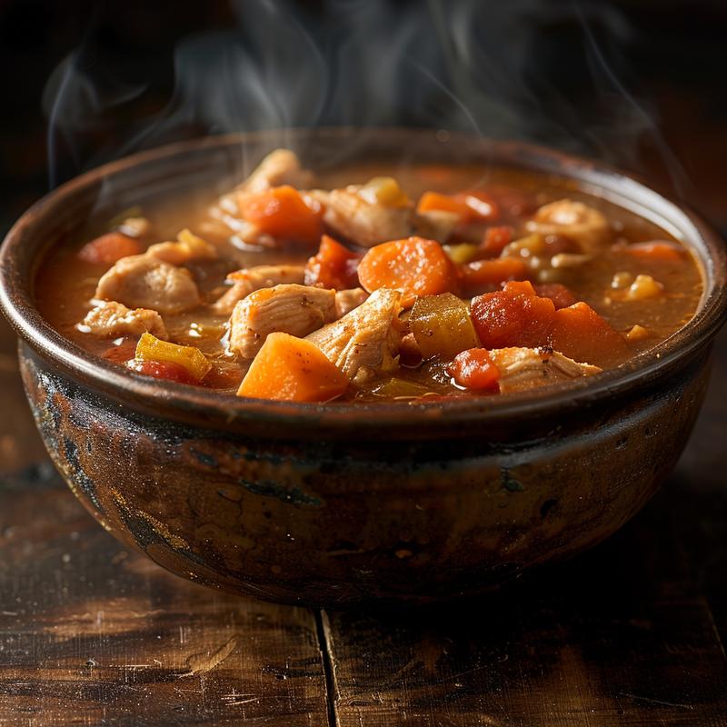 A close-up of a bowl of chicken stew with visible vegetables and herbs, steaming on a wooden table.