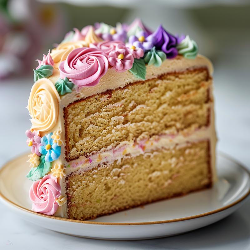 Close-up of spring cake slice with buttercream flowers on white marble.
