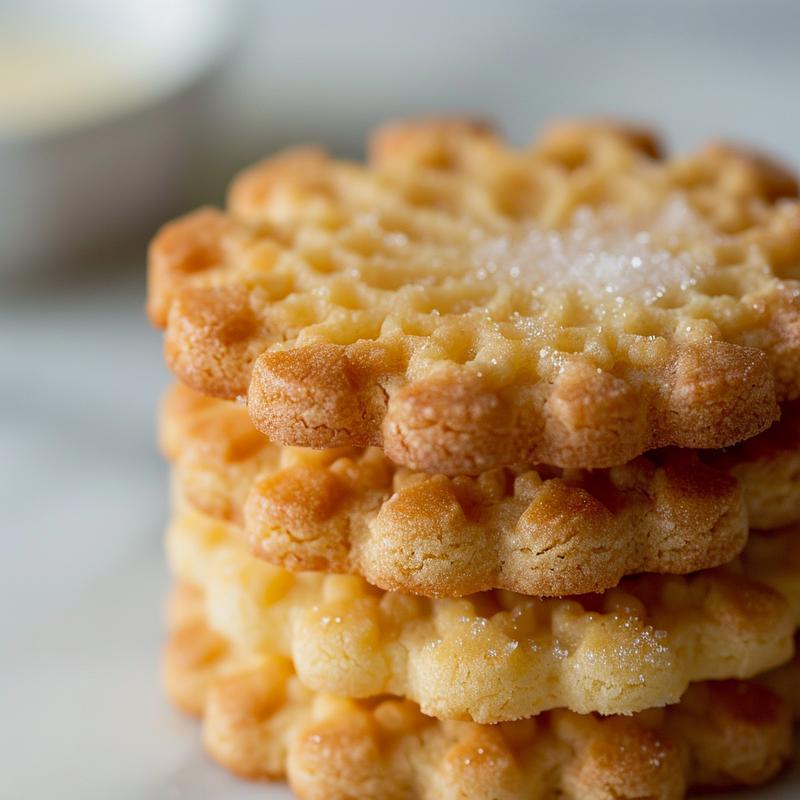 Stack of three lemon snowflake cookies on white marble.