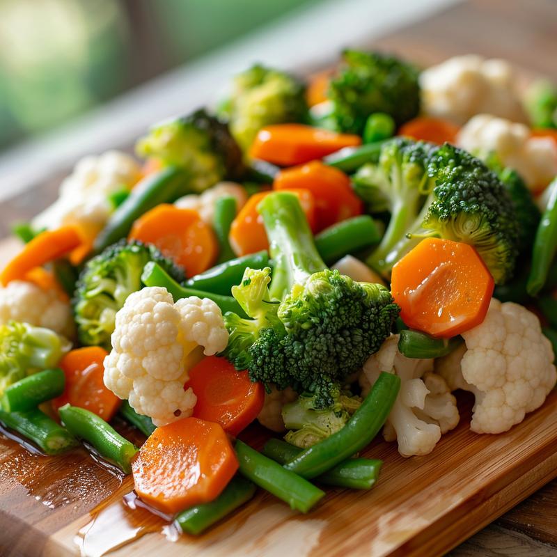 Close-up of steamed broccoli, carrots, cauliflower, and green beans on a wood board.