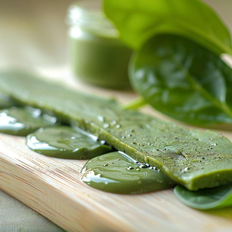 Close-up of green liquid and spinach on a light wooden board.