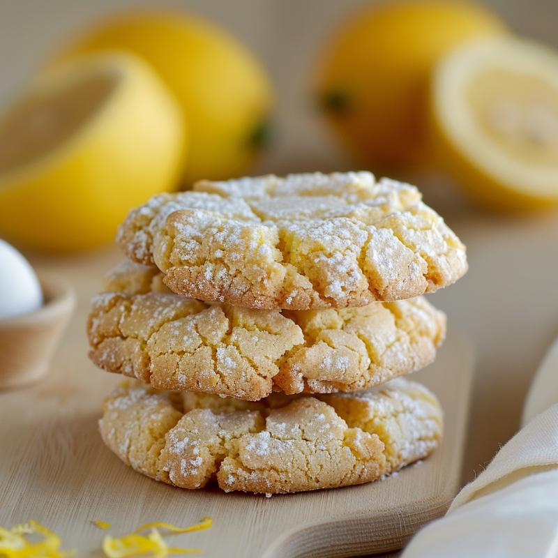 Stack of three lemon crinkle cookies on light wood.