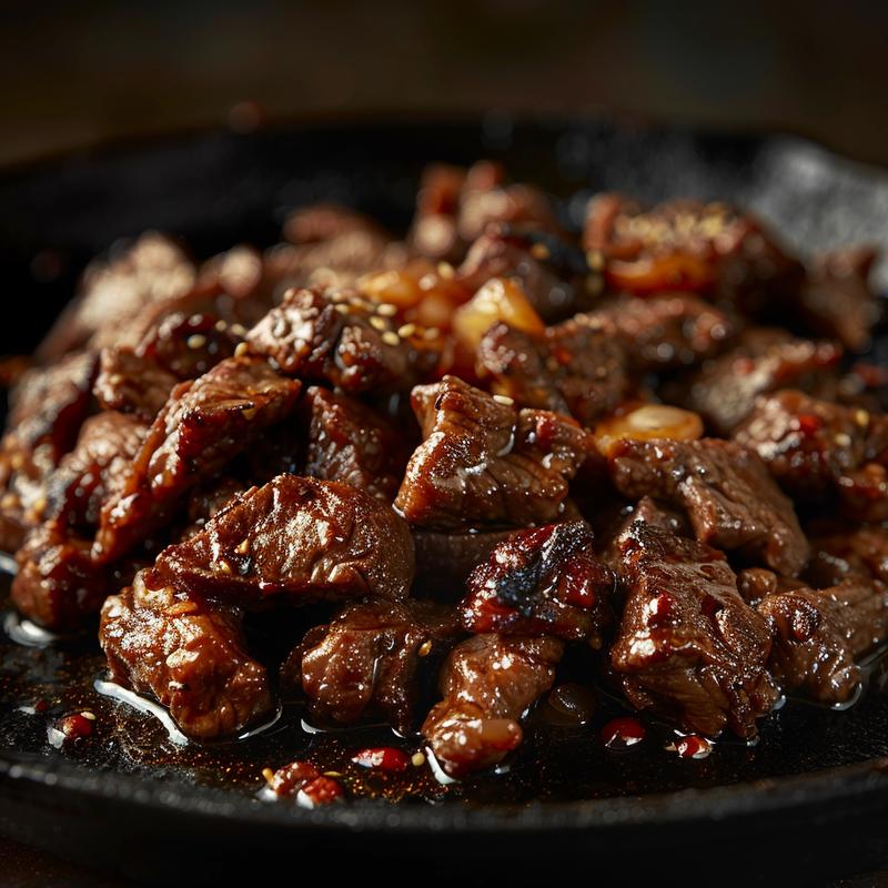 Close-up of Korean beef served in a rustic bowl on a cast iron surface.