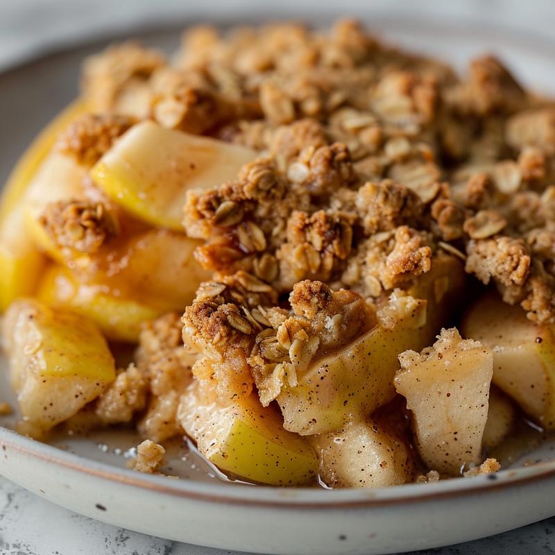Close-up of a delicious apple crumble in a light grey ceramic dish, showcasing its crispy topping and warm filling.