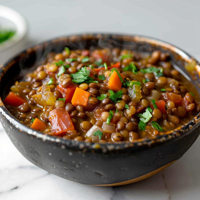 A bowl of steaming lentil soup with rich textures, placed on a white marble surface.