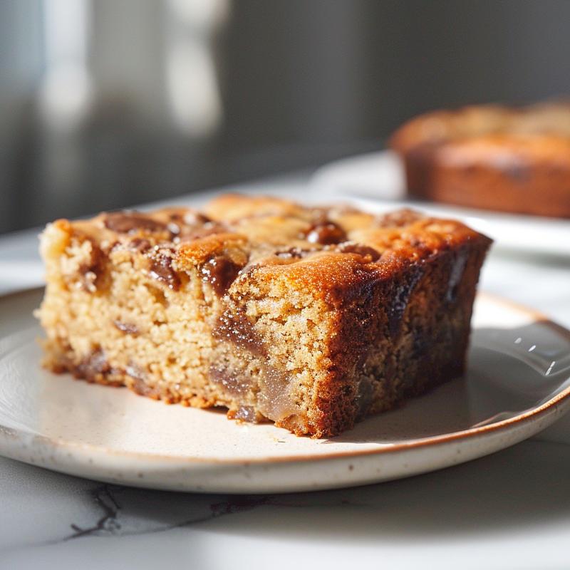 Close-up of a slice of cake on a white plate, showcasing its texture and color.
