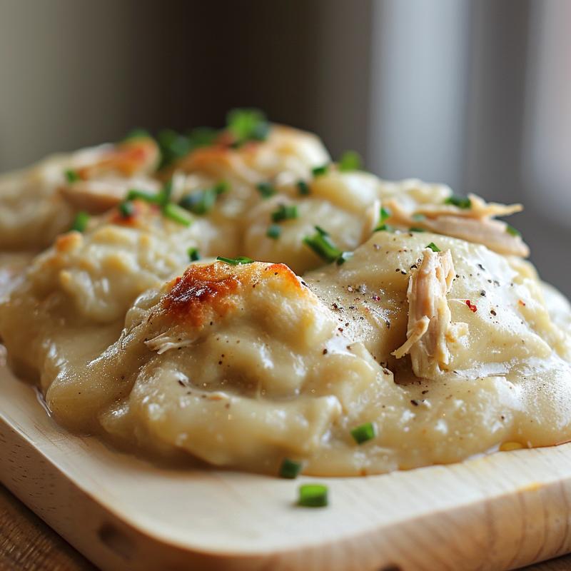 Close-up of tender chicken and fluffy dumplings in creamy broth on a wooden board.