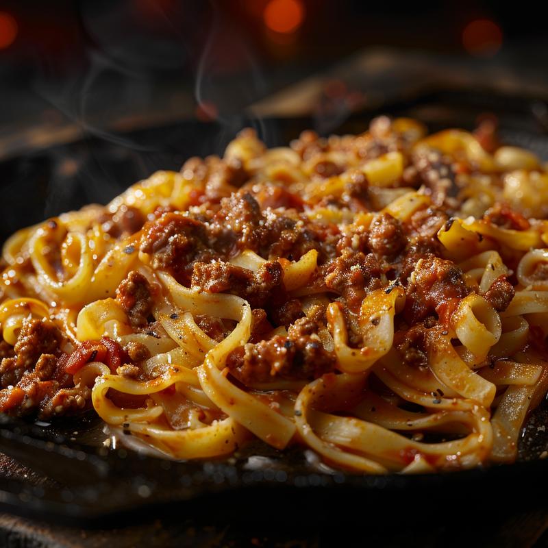 Close-up view of a portion of ground beef pasta on a rustic cast iron surface, showcasing rich textures and colors.