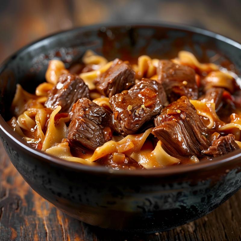 Close-up of slow-cooked beef noodles on a rustic wooden table, highlighting texture and rich color.