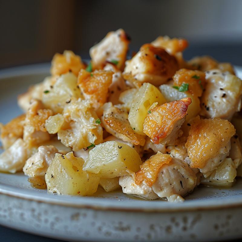 Close-up of dump bake chicken on a minimalist light grey ceramic plate.