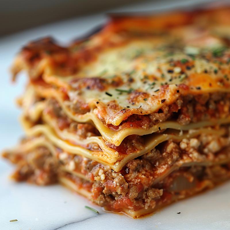 A close-up view of a portion of lasagna al forno, showcasing layers of pasta, cheese, and sauce on a white marble surface.