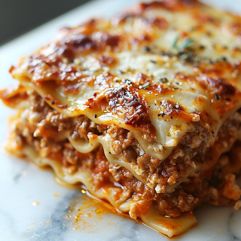 Close-up of a slice of easy lasagna casserole on a white marble surface, showcasing layers of pasta, cheese, and sauce.