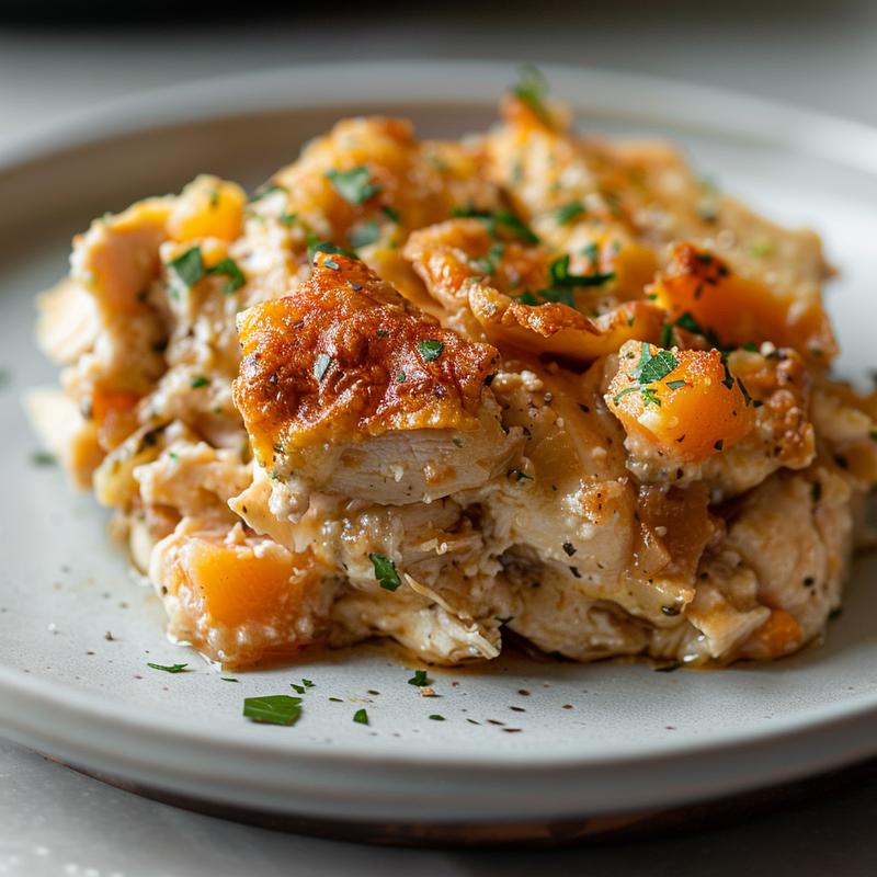Close-up of a portion of slow-cooked chicken casserole on a grey plate.