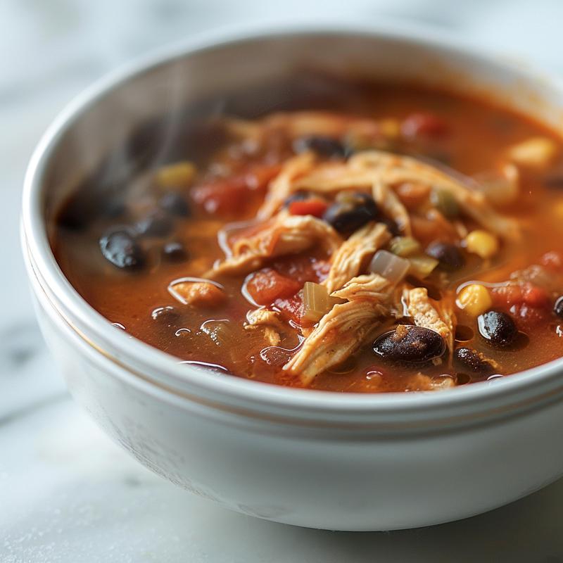Close-up of a bowl of chicken enchilada soup with visible chicken pieces and cilantro on a marble surface.
