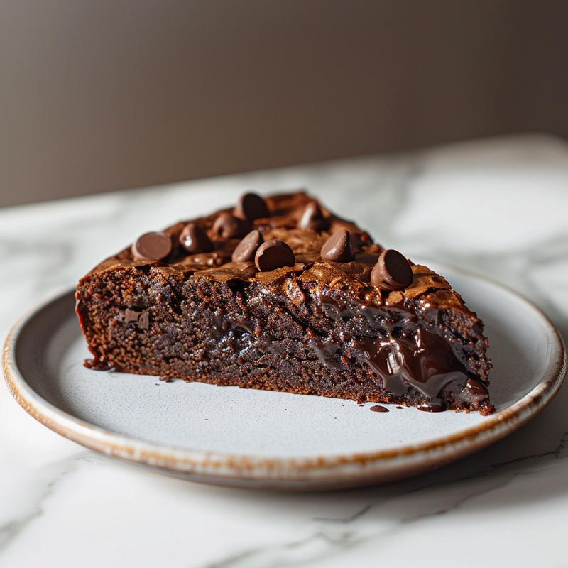 A slice of slow cooker chocolate lava cake on a white plate against a marble background.