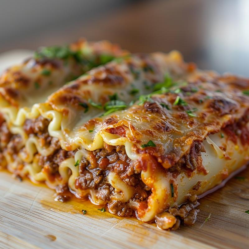 Close-up view of lasagna roll ups showcasing layers of pasta, cheese, and sauce on a wooden board.
