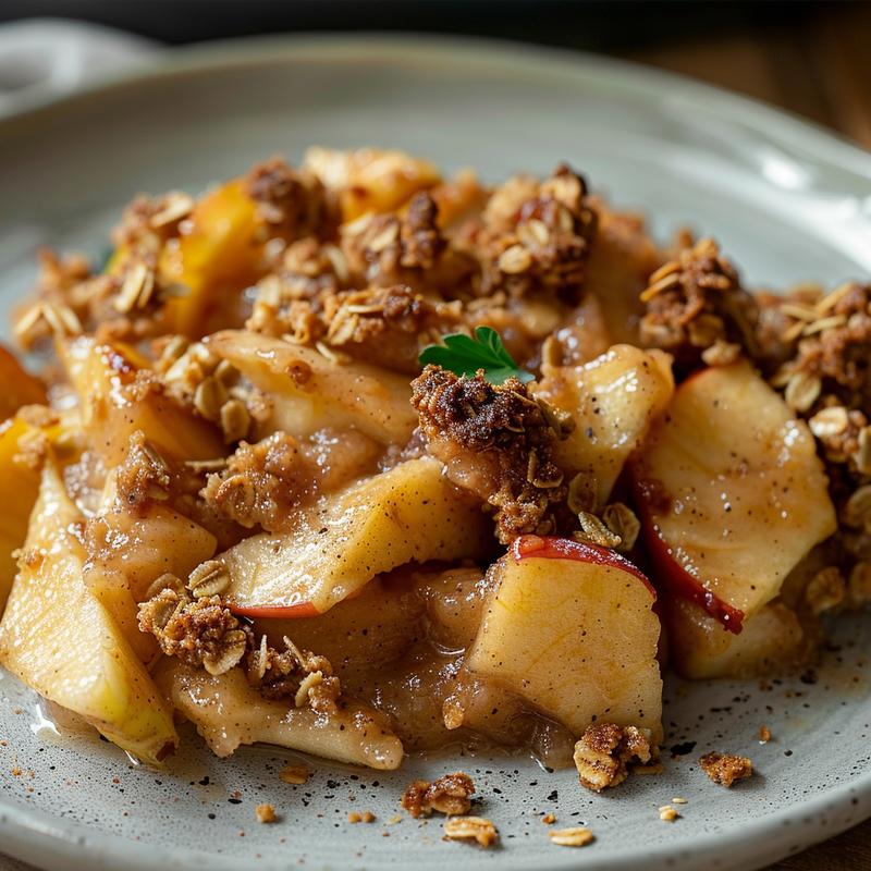 Close-up of a portion of crockpot apple crisp on a light grey ceramic plate.