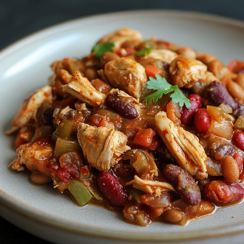 A close-up view of a portion of slow cooker chicken chili served in a minimalist light grey ceramic plate.