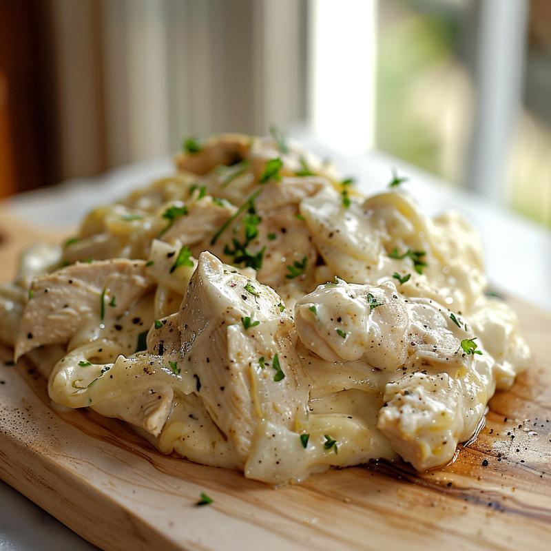 A close-up view of a creamy keto crockpot chicken alfredo dish on a wooden board.