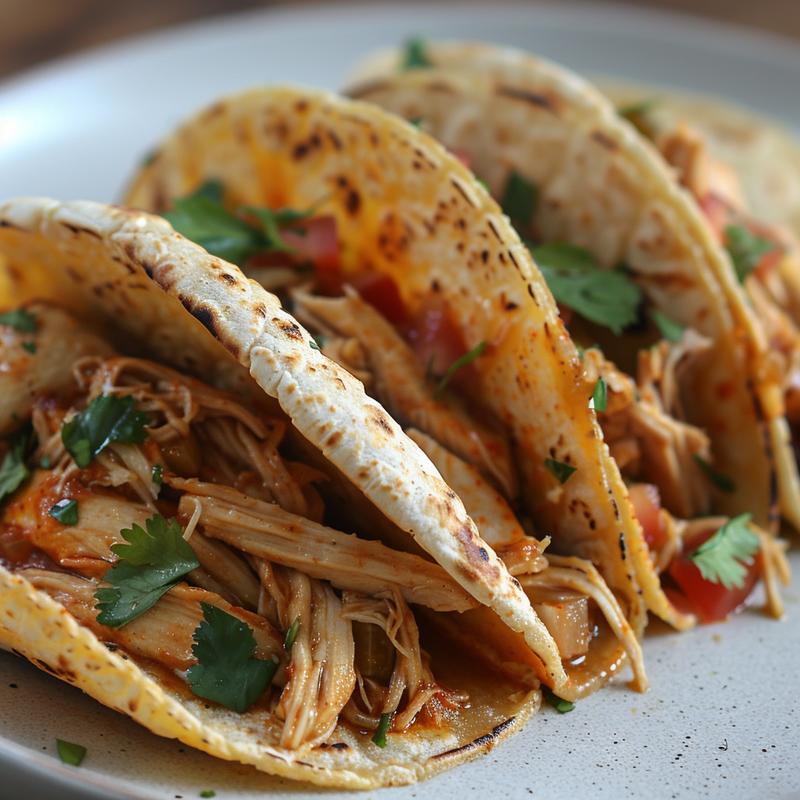 Close-up of slow cooker shredded chicken tacos on a light grey ceramic plate.