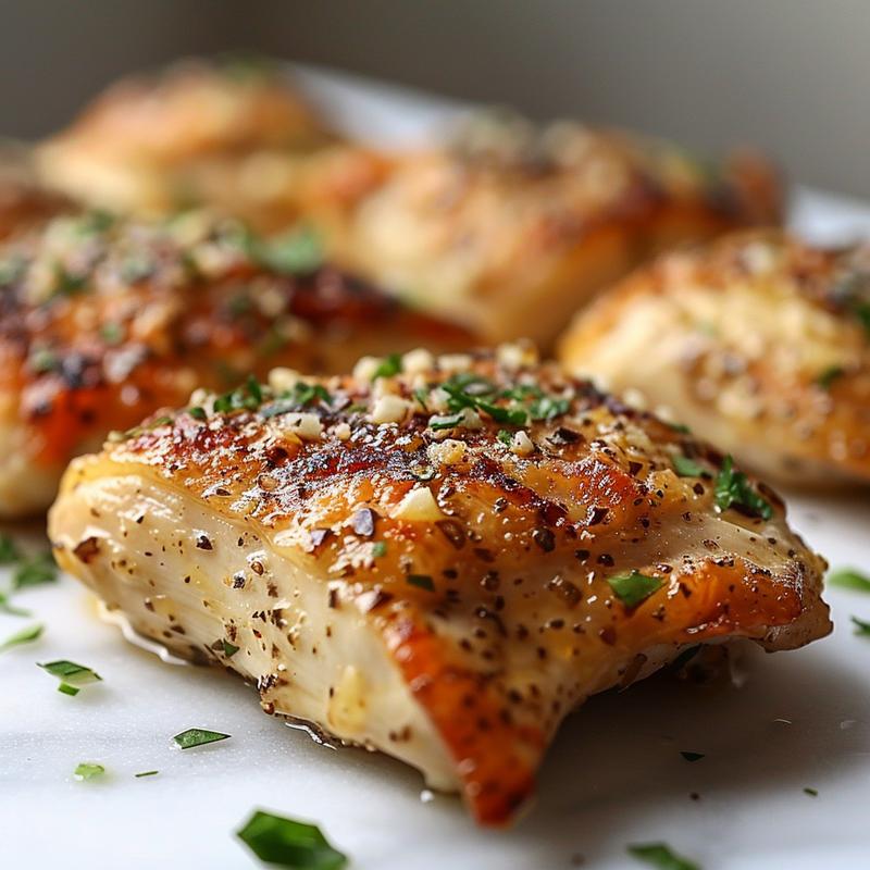 Close-up of keto slow cooker garlic parmesan chicken on a white marble surface.