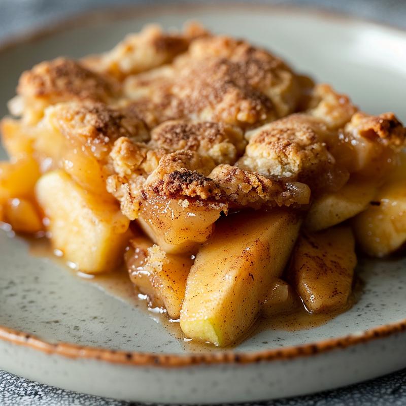 A close-up view of warm crockpot apple cobbler on a light grey ceramic plate, showcasing its rich cinnamon texture.